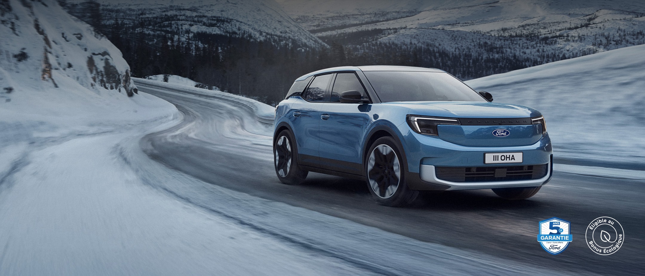 The New All-Electric Explorer being driven through wild landscape