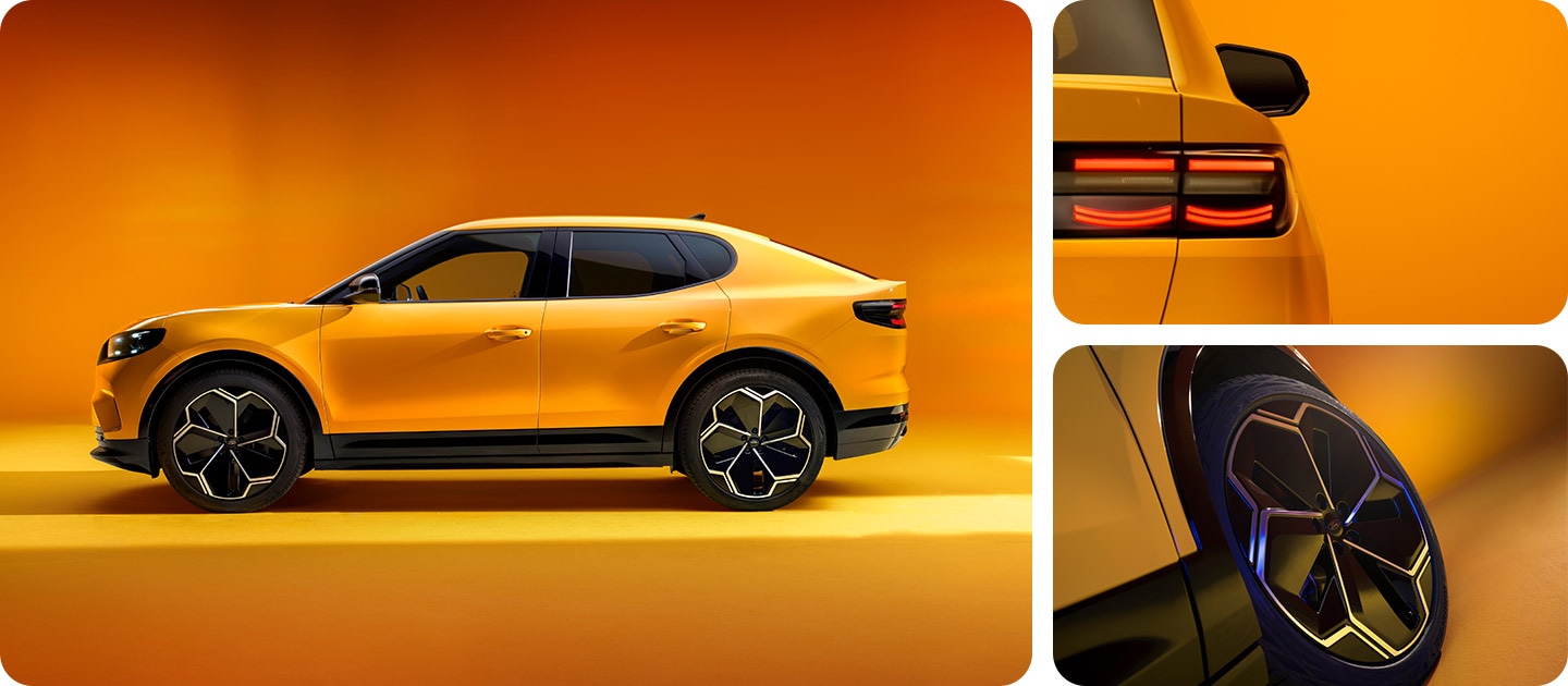 Montage photo montrant la Ford Capri® électrique jaune, avec des gros plans du design arrière et des jantes en alliage élégantes.